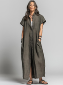Women's Retro Casual Cotton Linen Loose-fitting Shirt Short-sleeved Maxi Dress ZMZ1560F7ZJY