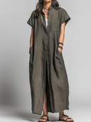 Women's Retro Casual Cotton Linen Loose-fitting Shirt Short-sleeved Maxi Dress ZMZ1560F7ZJY