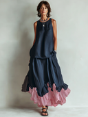 Women's Retro Casual Cotton Linen Patchwork Ruffled Sleeveless Top And Skirt Set ZMZ1569F1ZJY