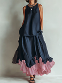 Women's Retro Casual Cotton Linen Patchwork Ruffled Sleeveless Top And Skirt Set ZMZ1569F1ZJY
