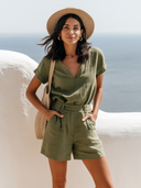 Women's Coastal Casual Style Premium Linen V-Neck Cuffed Sleeve Jumpsuit Shorts ZMZ1513F3YZH