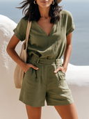 Women's Coastal Casual Style Premium Linen V-Neck Cuffed Sleeve Jumpsuit Shorts ZMZ1513F3YZH