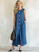 Women's Fashion Cotton Linen Sleeveless Wavy Placket Sleeveless Maxi Dress ZMZ1526F6SWL