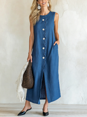 Women's Fashion Cotton Linen Sleeveless Wavy Placket Sleeveless Maxi Dress ZMZ1526F6SWL