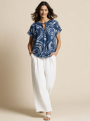 Women's Classic Navy Patterned Top And White Textured Straight-leg Pants Set ZMZ1504F3SWL