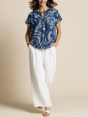 Women's Classic Navy Patterned Top And White Textured Straight-leg Pants Set ZMZ1504F3SWL