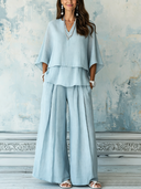 Women's Fashion Light Blue Linen Three-Quarter Sleeve Top And Wide-Leg Pants Set ZMZ1544F4SWL