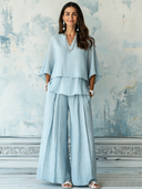 Women's Fashion Light Blue Linen Three-Quarter Sleeve Top And Wide-Leg Pants Set ZMZ1544F4SWL