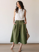 Women's Elegant Sleeveless Cotton Top And Green Elastic-waist Skirt Set ZMZ1584F7SWL