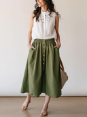 Women's Elegant Sleeveless Cotton Top And Green Elastic-waist Skirt Set ZMZ1584F7SWL