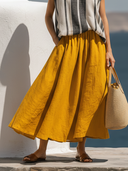 Women Premium Linen Elastic High Waist A Line Midi Skirt, Casual Solid Flowy Summer Vacation Skirt With Pockets ZMZ1527F5YZH