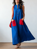 Women's Classic Klein Blue Loose-Fit Sleeveless Cotton-Linen Maxi Dress ZMZ1592F6SWL