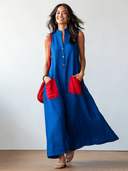 Women's Classic Klein Blue Loose-Fit Sleeveless Cotton-Linen Maxi Dress ZMZ1592F6SWL