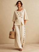 Women's Classic Cotton Linen Buttons Half Sleeve Top And Wide-Leg Pants Set