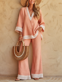 Women's Casual Vacation Cotton-Linen Blend Lace-Trim V-Neck 3/4 Sleeve Top And Pants Set ZMZ1540F3SWL