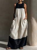 Women's Casual Vintage Black & White Color-Block Design And Round Neck Sleeveless Cotton-Linen Maxi Dress ZMZ1596F0ZYY
