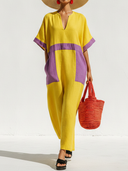 Women's Casual & Stylish Resort-Style Yellow And Purple Color-Block Cotton-Linen V-Neck Short-Sleeve Loose Maxi Dress ZMZ1512F8ZYY