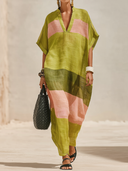 Women's Casual, Stylish, Resort-styleFeaturing A V-neck, Short Sleeves, And A Green-and-pink Color-blocked Cotton-linen Blend Loose Maxi Dress ZMZ1501F3ZYY