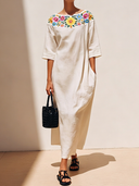 Women's Casual Vintage Embroidered Cotton-Linen Boat-Neck Short-Sleeve Loose Maxi Dress ZMZ1509F1ZYY
