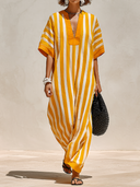 Women's Casual & Stylish Resort-Style Yellow And White Vertical Stripes (Cotton-Linen Blend) Loose Short-Sleeve Maxi Dress ZMZ1521F8ZYY
