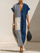 Women's Premium Vintage Cotton-Linen Patchwork V-Neck Short-Sleeve Loose Maxi Dress ZMZ1544F2ZYY