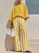 Women's Casual Resort Style Yellow Cotton-linen Round-neck, Three-quarter Sleeve T-shirt And Yellow-and-white Vertical Striped Wide-leg Pants Set ZMZ1553F1ZYY