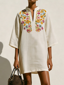 Women's Casual Vintage Cotton-Linen Embroidered With Mandarin Collar  Short-Sleeve Loose Mini Dress ZMZ1568F1ZYY