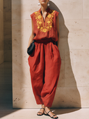 Women's Premium Vintage Cotton-Linen Set: Embroidered V-Neck Sleeveless T-Shirt And Carrot-Cut Trousers ZMZ1507F3ZYY