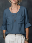 Women's Casual Vintage Cotton-Linen Crew Neck Flare-Sleeve Multi-Pocket T-Shirt ZMZ1577F3ZYY