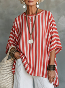 Women's Casual Vintage Red And White Vertical Striped Cotton-Linen Crew Neck Short-Sleeve T-Shirt ZMZ1541F9ZYY