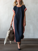 Women's Classic Navy & Pink Color-Block Straight-Cut Cotton-Linen Dress ZMZ1572F7SWL