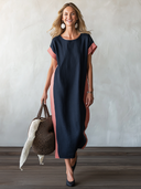 Women's Classic Navy & Pink Color-Block Straight-Cut Cotton-Linen Dress ZMZ1572F7SWL