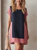 Women's Fashionable Cotton Linen Color Block Round Neck Loose Mini Dress ZMZ1553F1SWL