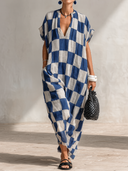 Women's Casual & Stylish Resort-Style Blue-and-White Check Cotton-Linen V-Neck Short-Sleeve Loose Maxi Dress ZMZ1543F0ZYY
