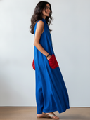 Women's Classic Klein Blue Loose-Fit Sleeveless Cotton-Linen Maxi Dress ZMZ1592F6SWL