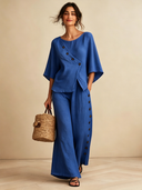 Women's Classic Cotton Linen Buttons Half Sleeve Top And Wide-Leg Pants Set