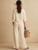 Women's Classic Cotton Linen Buttons Half Sleeve Top And Wide-Leg Pants Set
