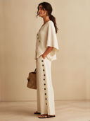 Women's Classic Cotton Linen Buttons Half Sleeve Top And Wide-Leg Pants Set