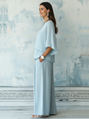 Women's Fashion Light Blue Linen Three-Quarter Sleeve Top And Wide-Leg Pants Set ZMZ1544F4SWL