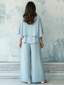 Women's Fashion Light Blue Linen Three-Quarter Sleeve Top And Wide-Leg Pants Set ZMZ1544F4SWL