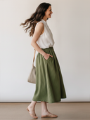 Women's Elegant Sleeveless Cotton Top And Green Elastic-waist Skirt Set ZMZ1584F7SWL