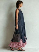Women's Retro Casual Cotton Linen Patchwork Ruffled Sleeveless Top And Skirt Set ZMZ1569F1ZJY