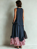Women's Retro Casual Cotton Linen Patchwork Ruffled Sleeveless Top And Skirt Set ZMZ1569F1ZJY