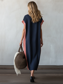 Women's Classic Navy & Pink Color-Block Straight-Cut Cotton-Linen Dress ZMZ1572F7SWL