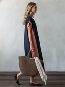 Women's Classic Navy & Pink Color-Block Straight-Cut Cotton-Linen Dress ZMZ1572F7SWL