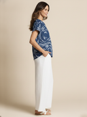 Women's Classic Navy Patterned Top And White Textured Straight-leg Pants Set ZMZ1504F3SWL