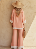 Women's Casual Vacation Cotton-Linen Blend Lace-Trim V-Neck 3/4 Sleeve Top And Pants Set ZMZ1540F3SWL
