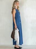 Women's Fashion Cotton Linen Sleeveless Wavy Placket Sleeveless Maxi Dress ZMZ1526F6SWL