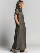 Women's Retro Casual Cotton Linen Loose-fitting Shirt Short-sleeved Maxi Dress ZMZ1560F7ZJY