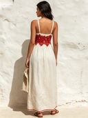 Women's Retro Casual Cotton Linen Lace Patchwork Sleeveless Camisole Maxi Dress ZMZ1557F3ZJY
